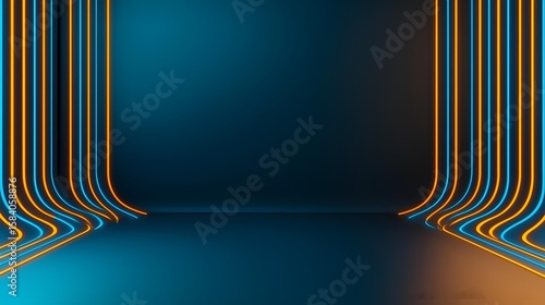 The image contains a dark blue room with alternating orange and blue neon lines curving from the walls to meet at the center of the floor.A dark blue room is illuminated by curving neon lines of oran