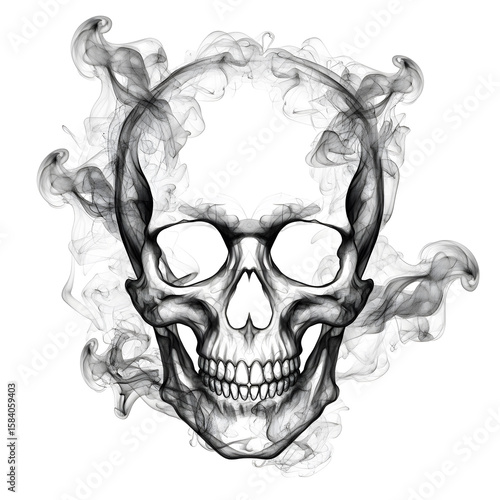 Detailed grayscale illustration of a human skull enveloped in swirling smoke against a transparent background