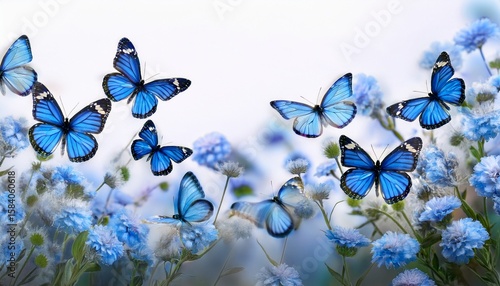a serene scene of blue butterflies fluttering above delicate blue flowers against a white background the composition evokes a sense of tranquility and nature s beauty