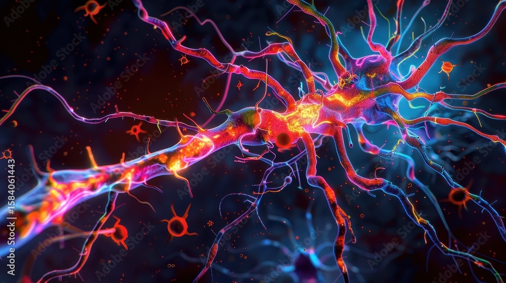Obraz premium Vibrant Neural Network Neuron Cell with Glowing Synapse Connections