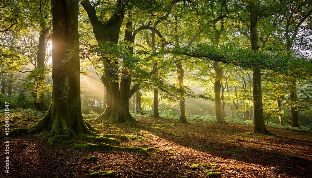 Obraz premium enchanting embrace of english forest where ancient trees dance with whimsical rays of dappled sunlight immersing you serene ambiance that whispers tales of history and tranquility