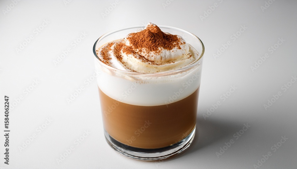 glass of layered coffee beverage with whipped cream and dusting of spice against a simple white background in close up glass of layered coffee beverage with whipped cream and dusting of spice against a simple white background in close up