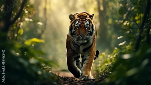 A tiger walking through a lush green forest with sunlight filtering through the trees beautifully animal video