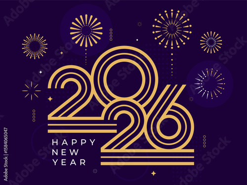 2026 Happy New Year with fireworks design vector illustration. Unique 2026 logo design template. In gold and purple color