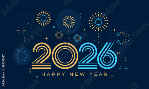 2026 Happy New Year with fireworks design vector illustration. Unique 2026 logo design template. In gold and blue color