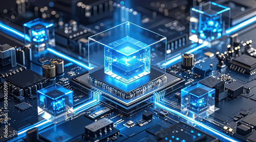 Blue digital technology, metaverse, virtual reality, future business concept image