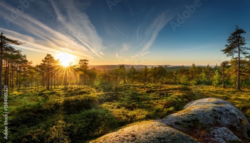 stunning sunrise illuminating the forest landscape near gothenburg in sweden