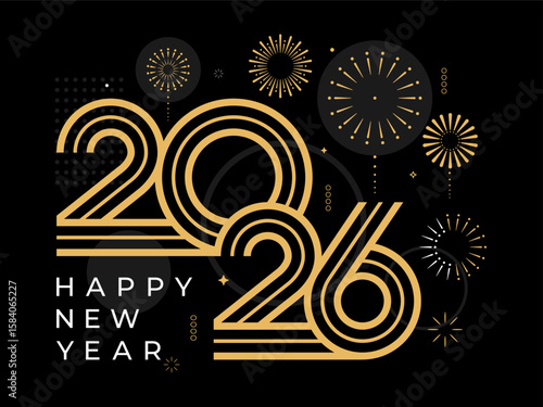 2026 Happy New Year with fireworks design vector illustration. Unique 2026 logo design template. In gold color
