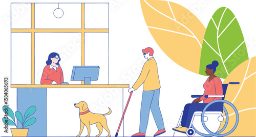 People interacting with assistance dog and wheelchair user accessibility blind person