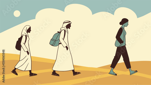 People walking across desert landscape under pale sun vector