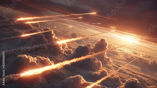 Military missiles flying over stormy clouds at high altitude, dramatic scene of modern aerial warfare and escalation