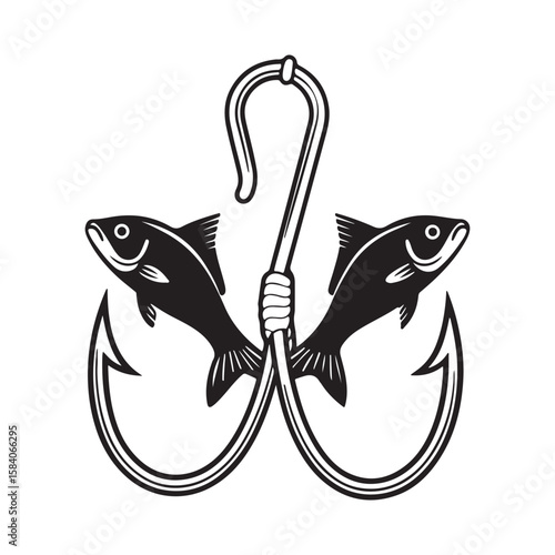 Two stylized black fish caught on a fishing hook in a symmetrical design