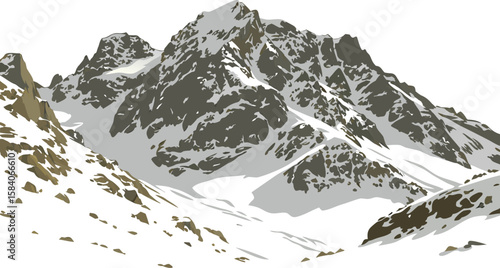 Snow covered rocky mountain peaks and slopes rocks