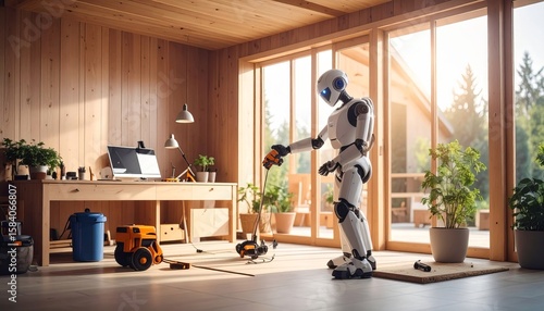 家事をこなす人間型ロボットの日常風景