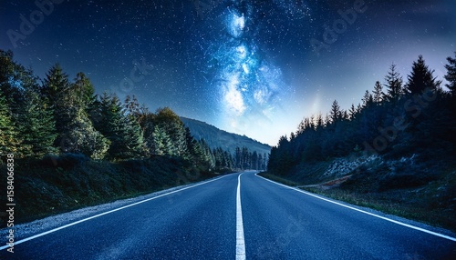 night road forest starry sky moonlit path adventure travel peaceful scene