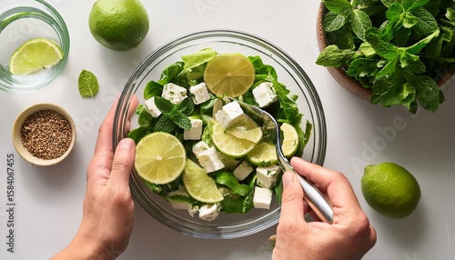 fresh summer salad with lime feta and mintmhands mixing in clear bowl clean and vibrant top down shot