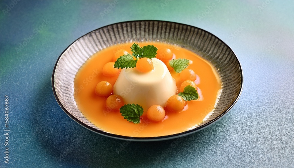 elegant panna cotta dessert infused with cantaloupe puree garnished with fresh mint leaves and melon balls elegant panna cotta dessert infused with cantaloupe puree garnished with fresh mint leaves and melon balls