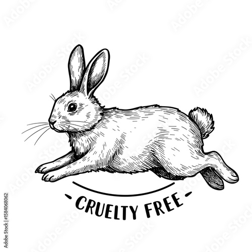 Rabbit illustration in motion with cruelty free label, sketch design. Animal welfare, ethical product, no animal testing, vegan friendly, conscious consumerism, beauty icon