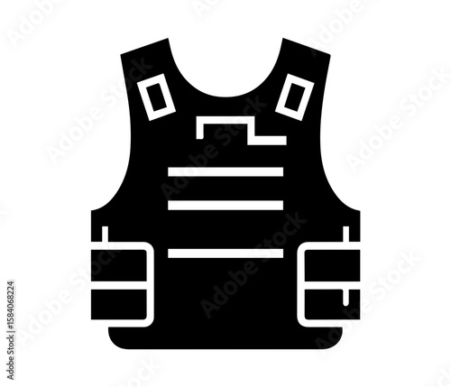 Black and white vector icon: Tactical bulletproof vest; protective body armor; security equipment; military gear; safety apparel; serious; strong; resilient.