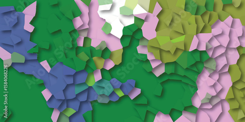 Abstract mosaic composed of geometric shapes in green pink and blue creating a modern and artistic textured design