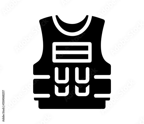 Black and white vector icon:  Protective ballistic vest;  military, police, security equipment;  serious, safety, strong graphic design.