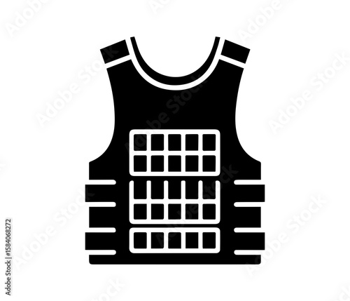 Black and white vector icon: Tactical bulletproof vest, protective gear, security equipment, safety apparel, military uniform, law enforcement, serious, strong, safety, protection.