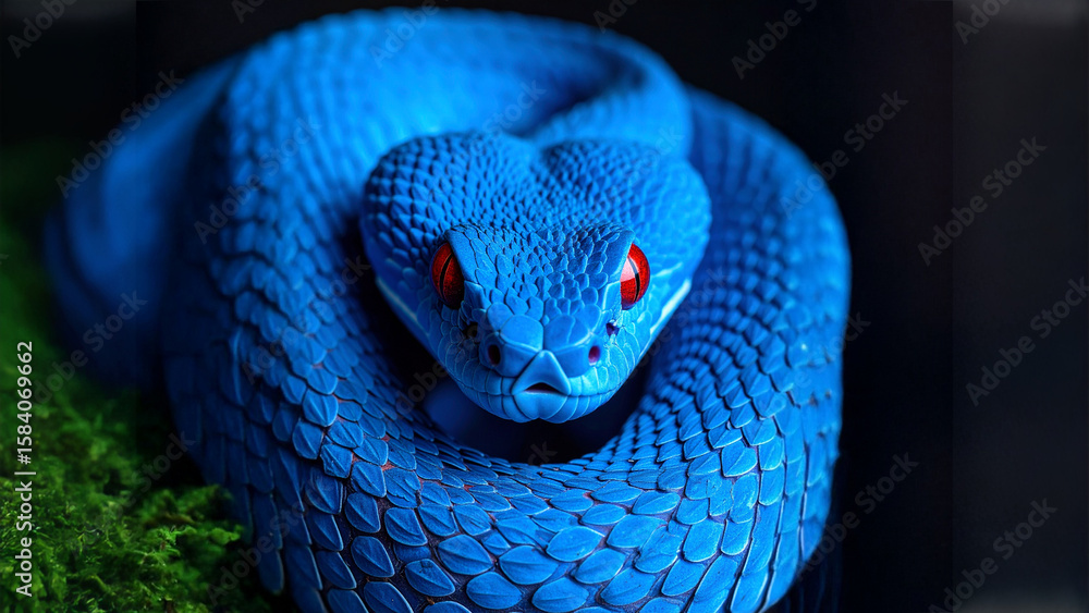 Fototapeta premium Close-Up of Vivid Blue Viper Snake with Striking Red Eyes – Intense Stare