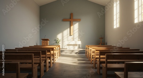 Modern minimalistic church or chapel interior lit by morning sunlight. Two rows of empty wooden pews. Simple altar at the center. Place of worship with cross on the wall.