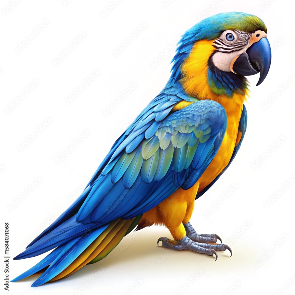 Naklejka premium Vibrant blue and yellow macaw, a colorful tropical parrot, isolated on white with its distinctive beak and feathers