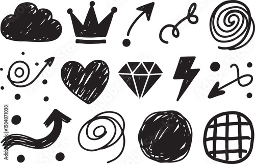 Collection of hand drawn doodle icons including a cloud crown heart diamond lightning bolt arrows and swirls isolated on transparent background