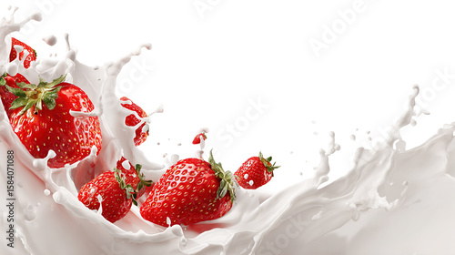 milk or yogurt splash with strawberries isolated on white background
