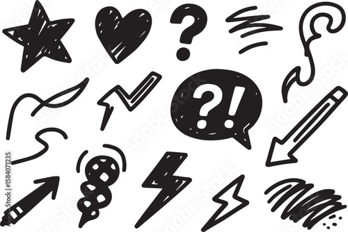 Collection of hand drawn doodle icons featuring a star heart question marks lightning bolts and arrows isolated on transparent background