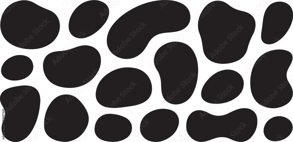 Fototapeta premium Collection of organic black blobs and irregular shapes scattered across a white background isolated on transparent background