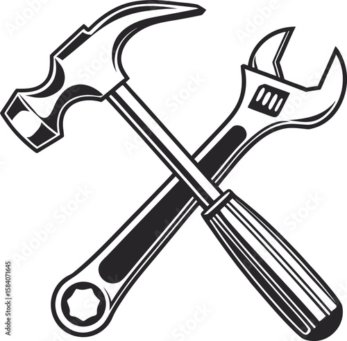 Graphic illustration of a crossed hammer and wrench in black and white