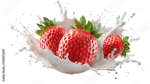 milk or yogurt splash with strawberries isolated on white background