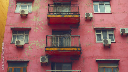 Old pink apartment building with rusty balconies and multiple air conditioning units on facade, showing urban wear and faded paint in city environment