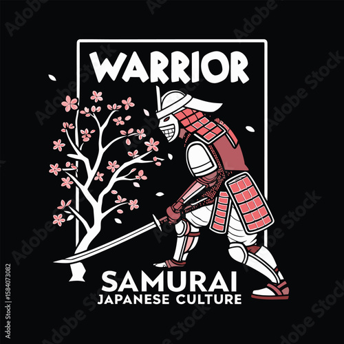 The samurai warrior. At the center stands a powerfully built samurai in intricately detailed crimson and ivory armor, adopting a dynamic, forward-leaning stance as he brandishes a katana