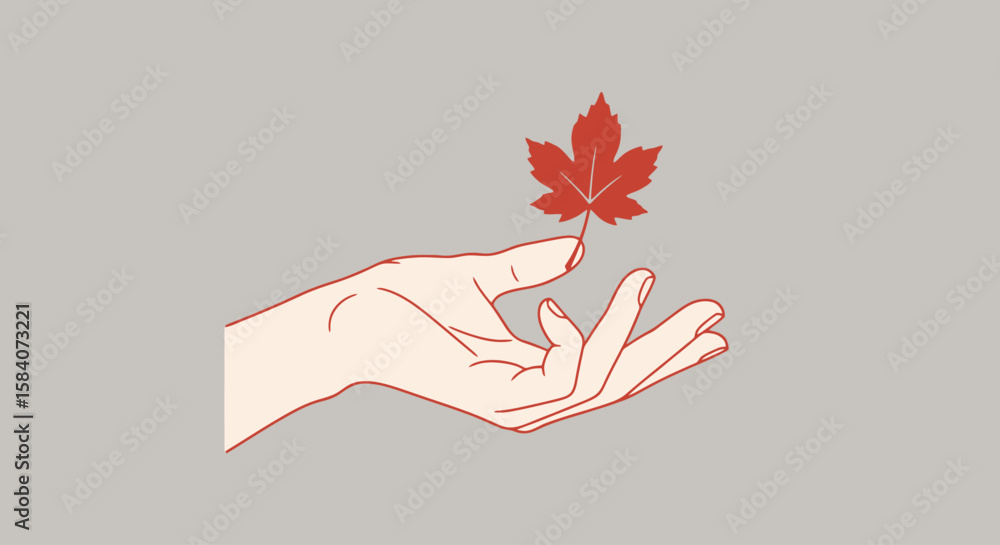 Fototapeta premium Delicate Touch: Hand Holding Autumn Leaf Illustration
