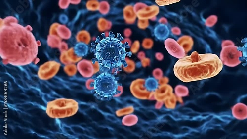Microscopic View of Orange and Pink T Cells Surrounded by Red Blood Cells Floating Through a Blue Vein Perfect for Medical Education