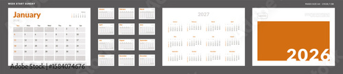 2026 Calendar Planner Set of Template Monthly Page, Cover with Place for Photo, Company Logo, Annual 2027. Vector layout of a wall or desk calendar with week start Sunday for print. Page A4 -21x29.7cm