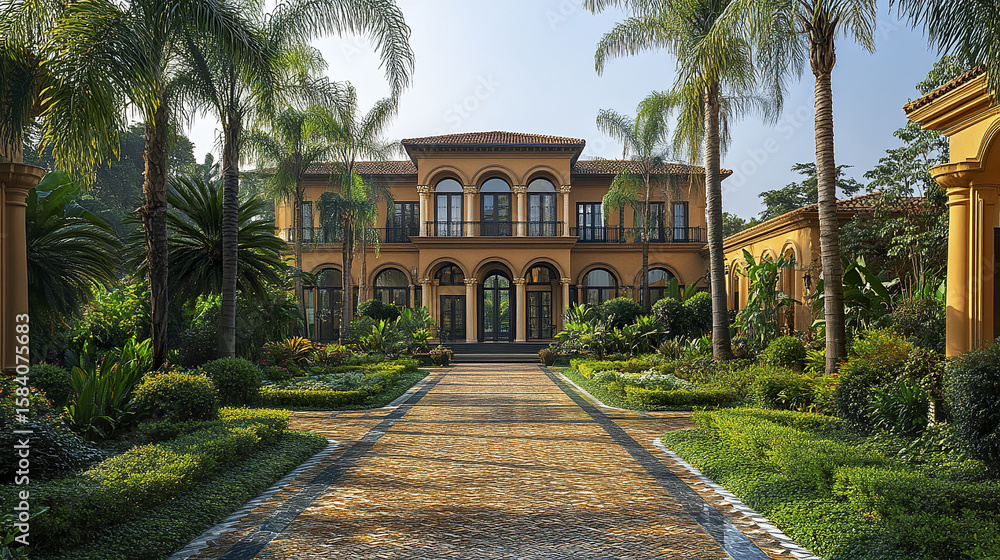 Fototapeta premium Luxury residential house with perfectly kept front garden and palm trees under clear sky, showcasing elegant architecture and lush greenery in serene environment