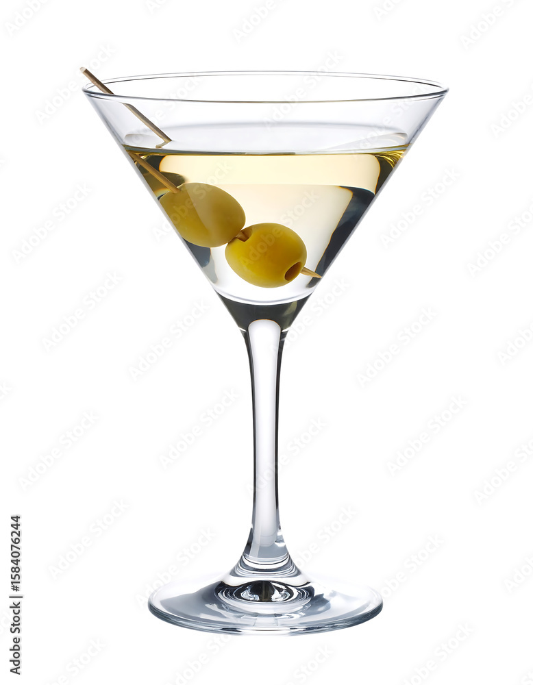 A classic martini cocktail garnished with green olives, presented in a stemmed glass isolated on transparent background.