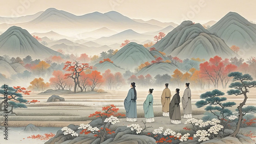 Ancient style landscape artistic conception, ink painting of a scholar strolling in Jiangnan, tourism image