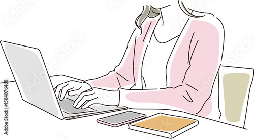 パソコンを操作する女性の柔らかいタッチのイラスト素材