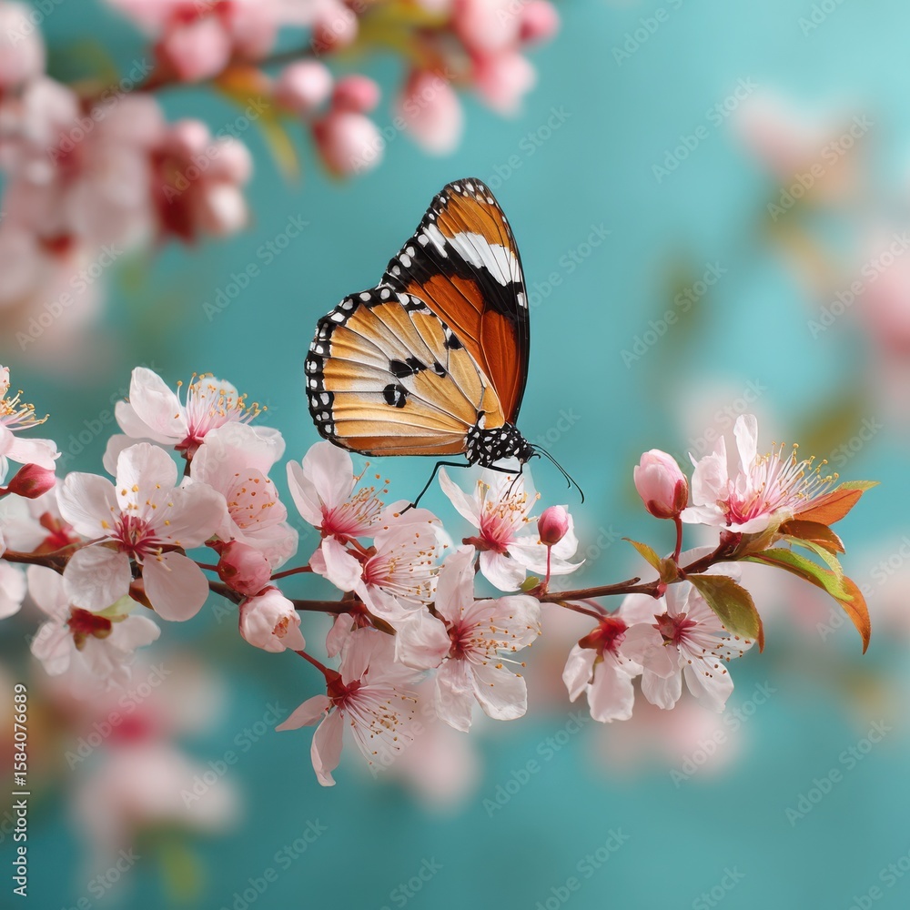 Naklejka premium Butterfly on Cherry Blossom Branch