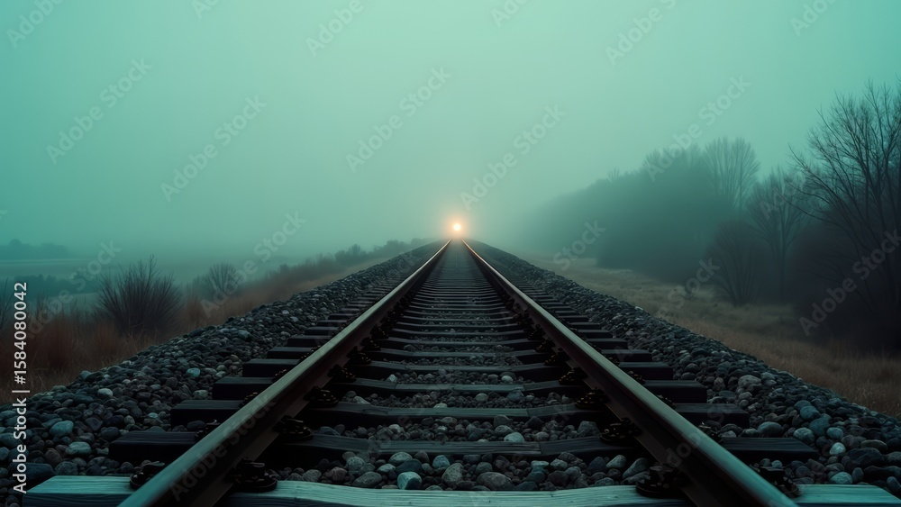 Fototapeta premium Foggy train tracks disappearing into the distance