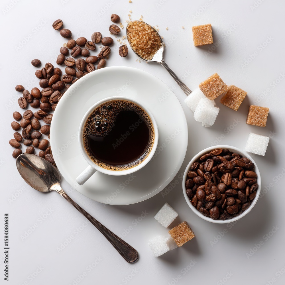 Fototapeta premium Coffee Cup, Beans, and Sugar Cubes Still Life