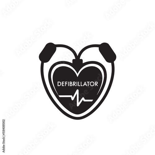 A black and white graphic of a defibrillator in the shape of a heart with an ecg line, isolated on a white background