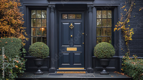 Dark blue front door with brass knocker and mail slot, flanked by two large windows and symmetrical topiary plants in urns, surrounded by autumn foliage on brick house
