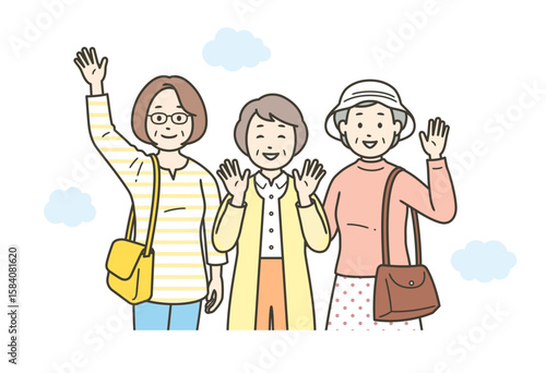 仲の良い高齢女性グループが旅行先で楽しんでいる上半身イラスト
